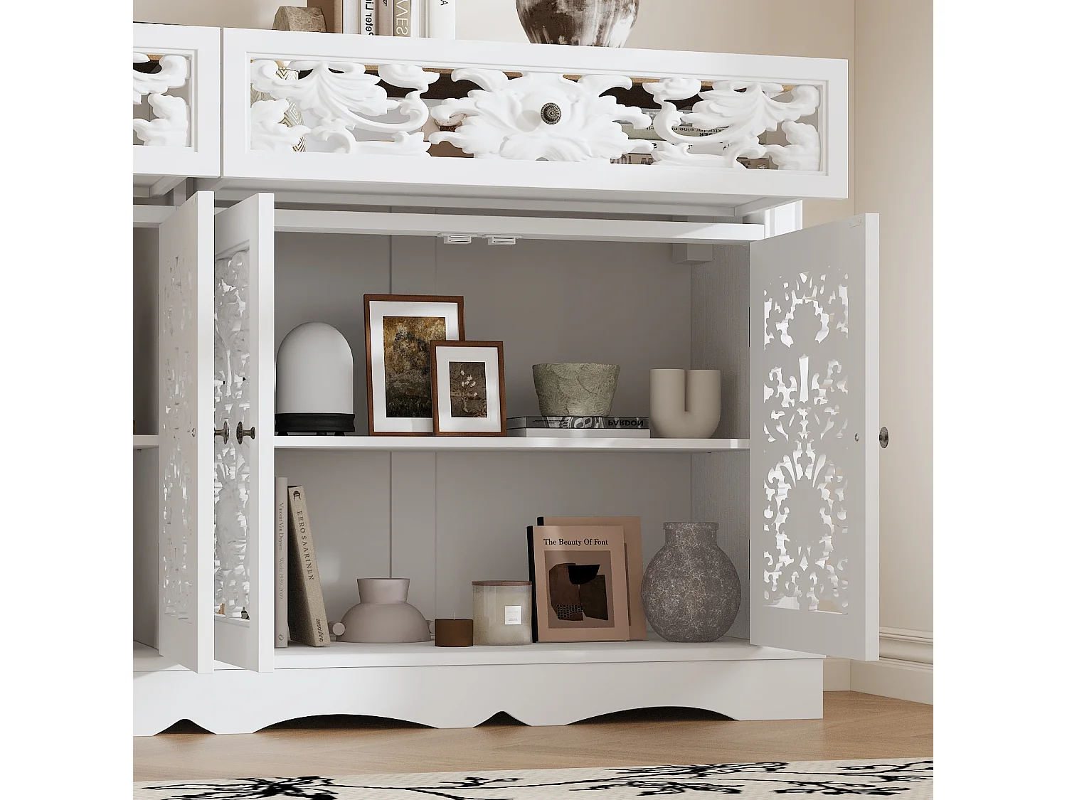 Buffet bas avec 2 tiroirs et 4 portes - 3 niveaux, sculpté et ajouré, salon, 160x40x80, Blanc