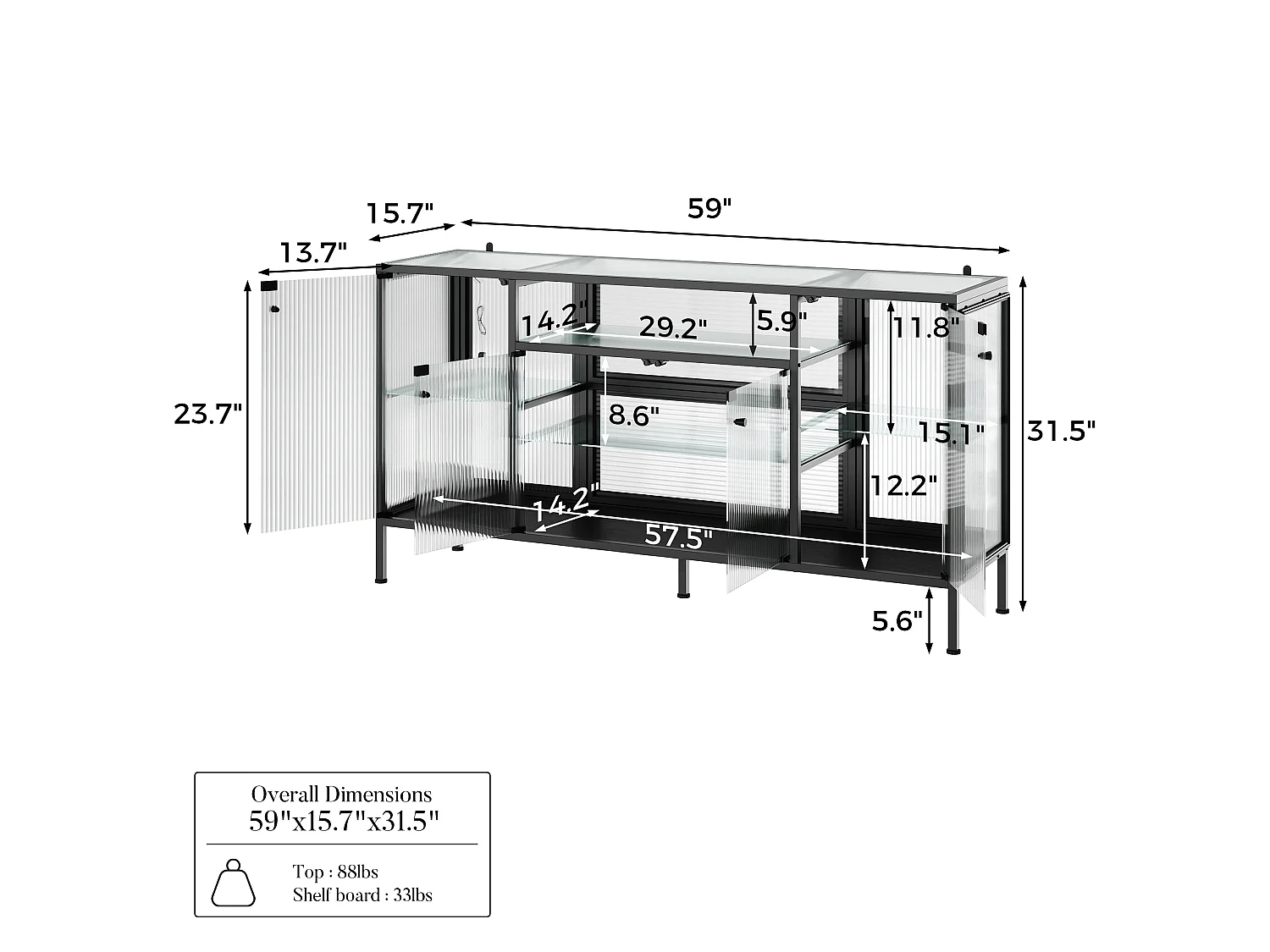 Buffet vitré à LED 3 couleurs, 4 portes et compartiments - 3 étagères, 140x40x80, Noir