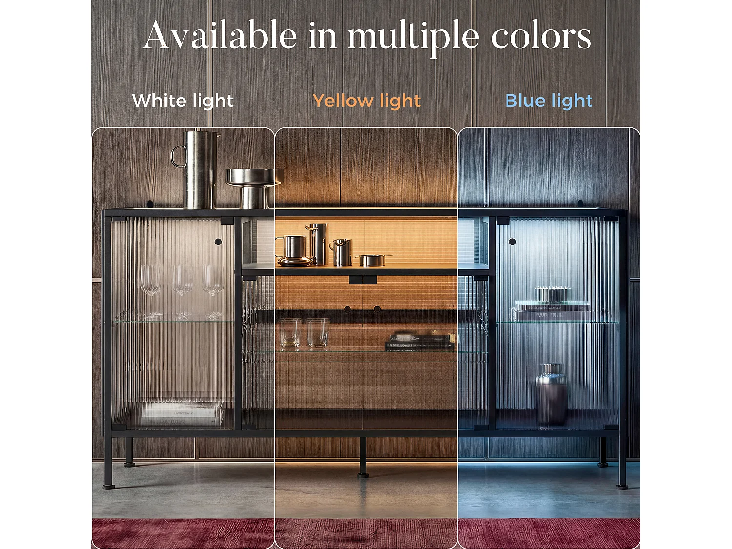 Buffet vitré à LED 3 couleurs, 4 portes et compartiments - 3 étagères, 140x40x80, Noir