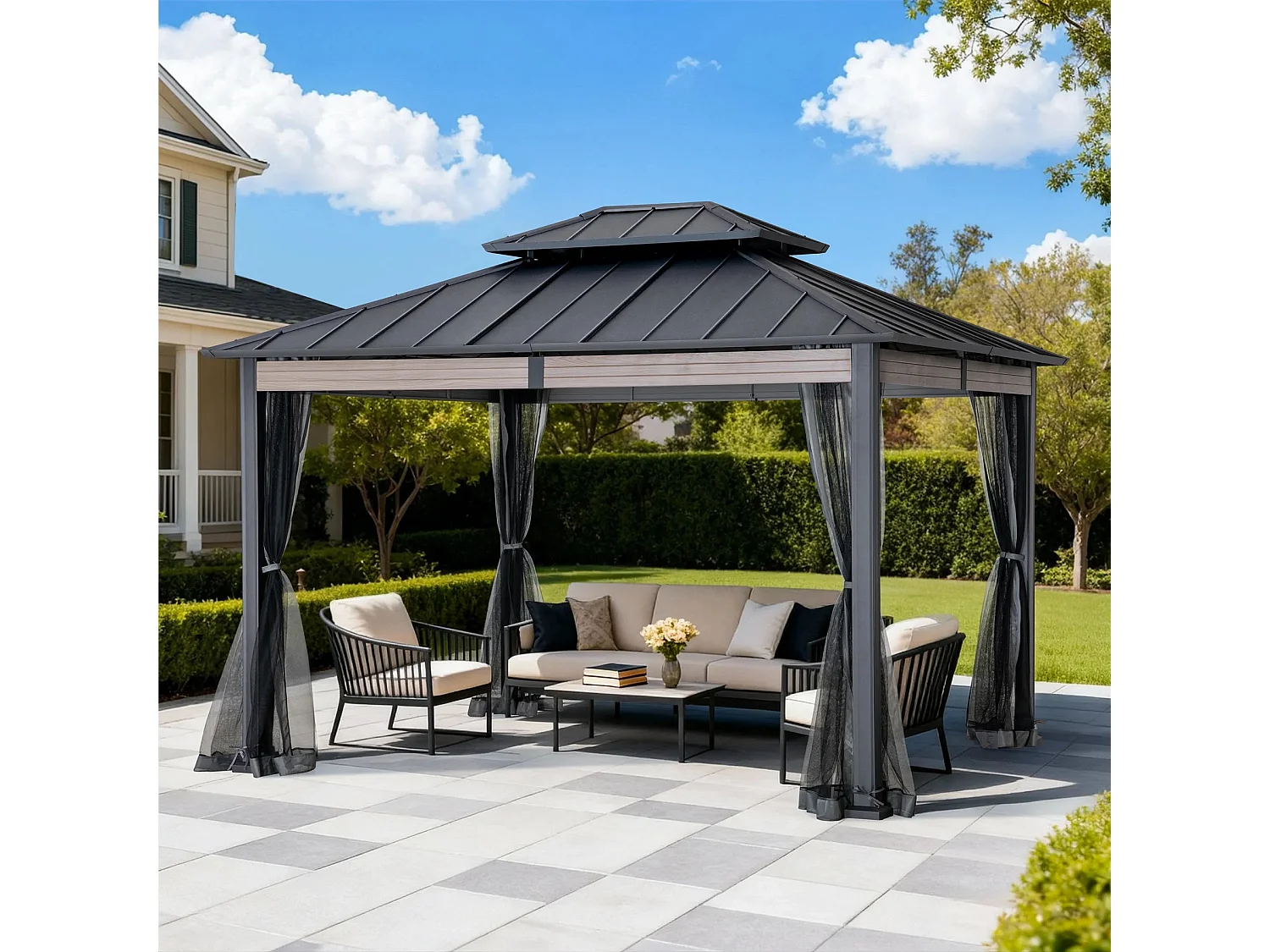 SUNJOY 360 x 300 cm Hardtop Partytent, Zwaar Uitgevoerd, met Muggennetten en Balken in Houtlook