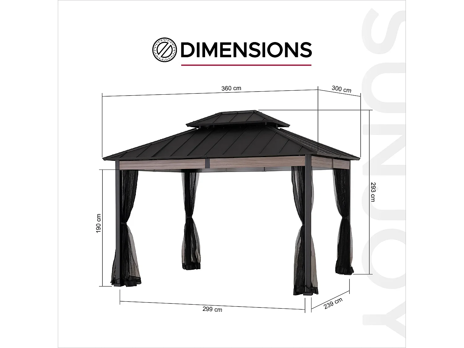 SUNJOY 360 x 300 cm Hardtop Partytent, Zwaar Uitgevoerd, met Muggennetten en Balken in Houtlook