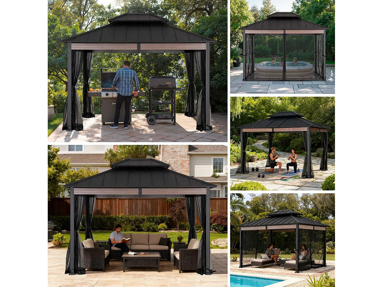 SUNJOY 360 x 300 cm Hardtop Partytent, Zwaar Uitgevoerd, met Muggennetten en Balken in Houtlook