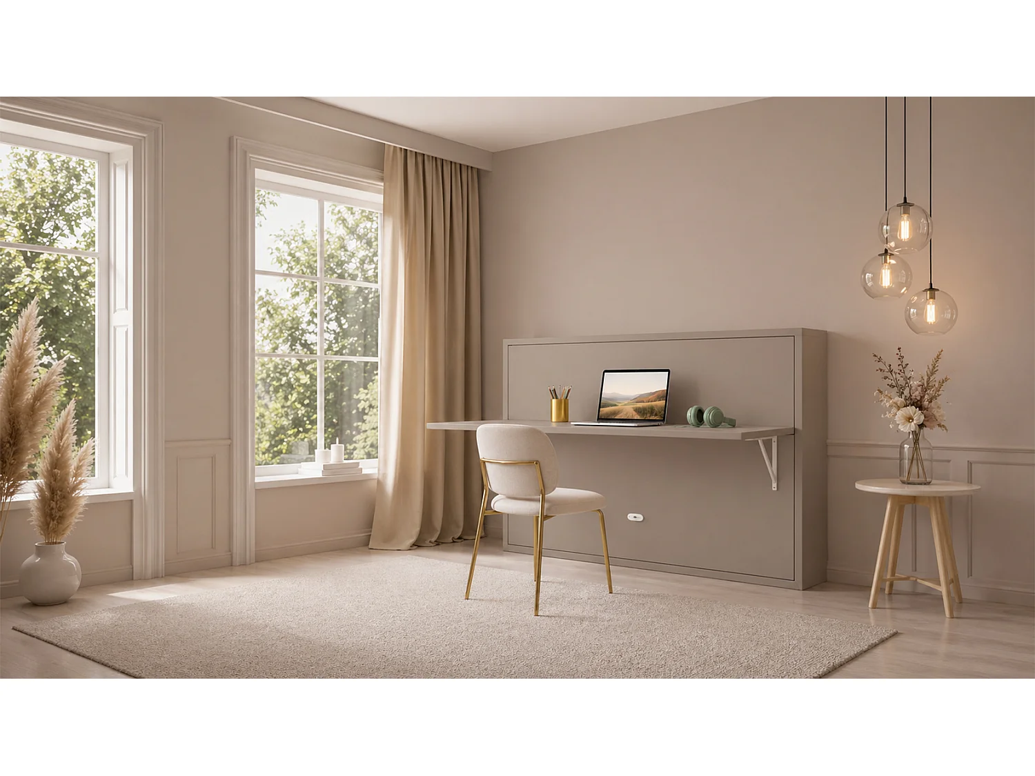 Lit escamotable avec tablette bureau rétractable café au lait Giverny 140x200