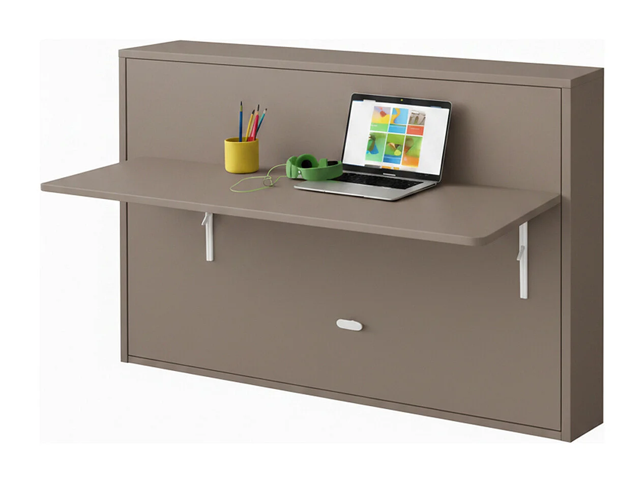 Lit escamotable avec tablette bureau rétractable café au lait Giverny 140x200