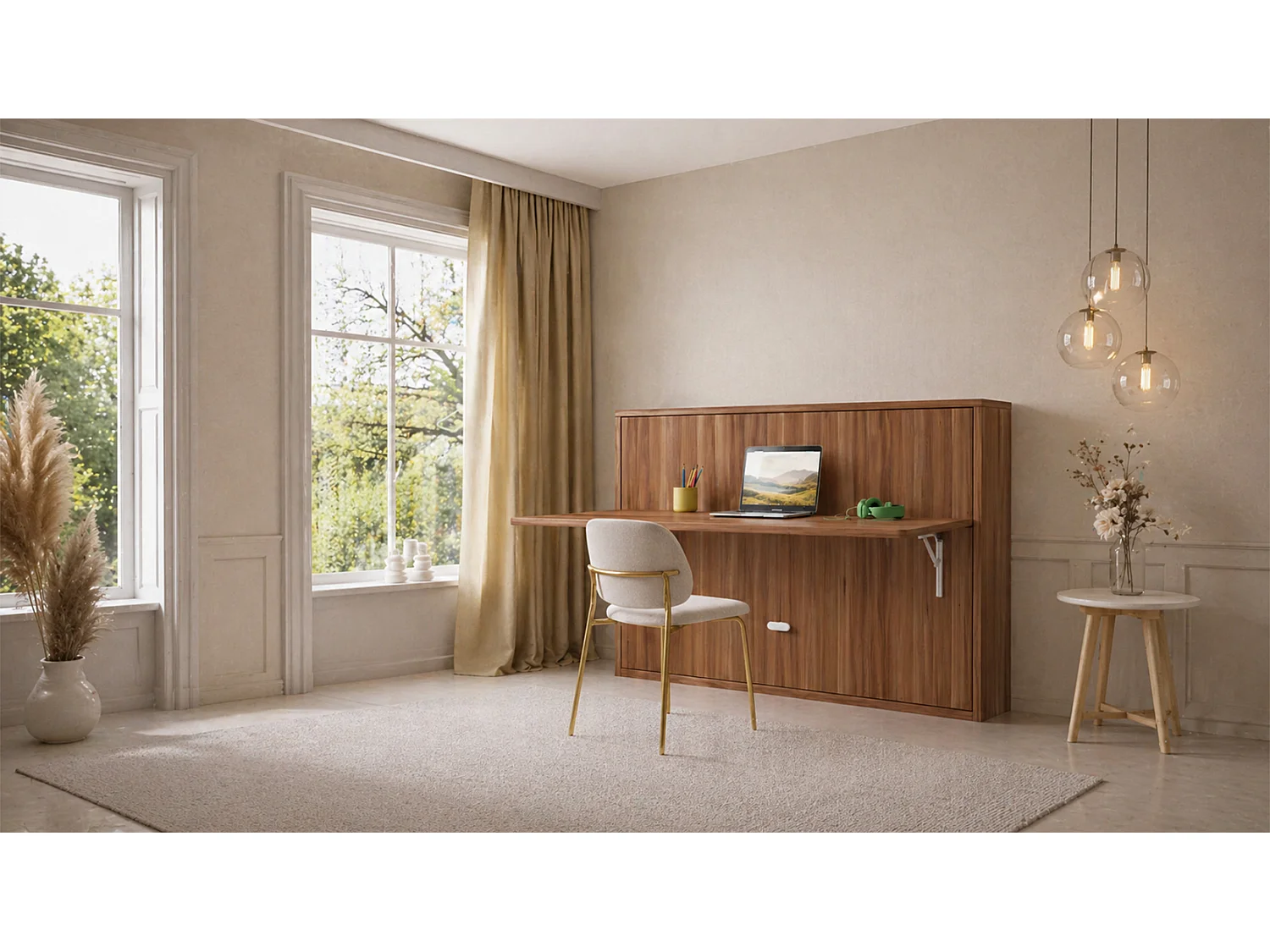 Lit escamotable avec tablette bureau rétractable couleur EBANO Giverny 140x200
