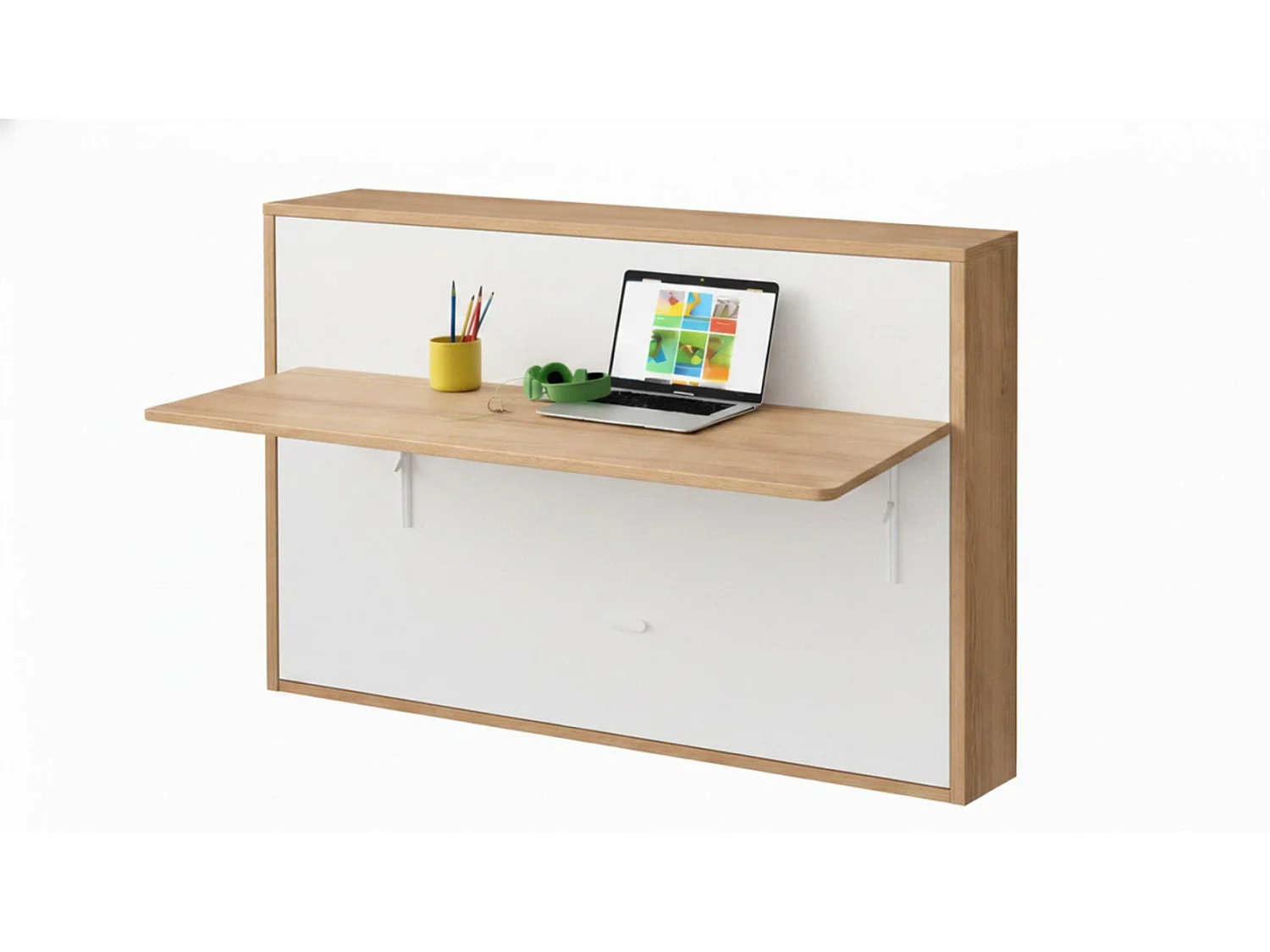 Lit escamotable avec tablette bureau rétractable GIVERNY 160x200 couleur blanc et chêne clair