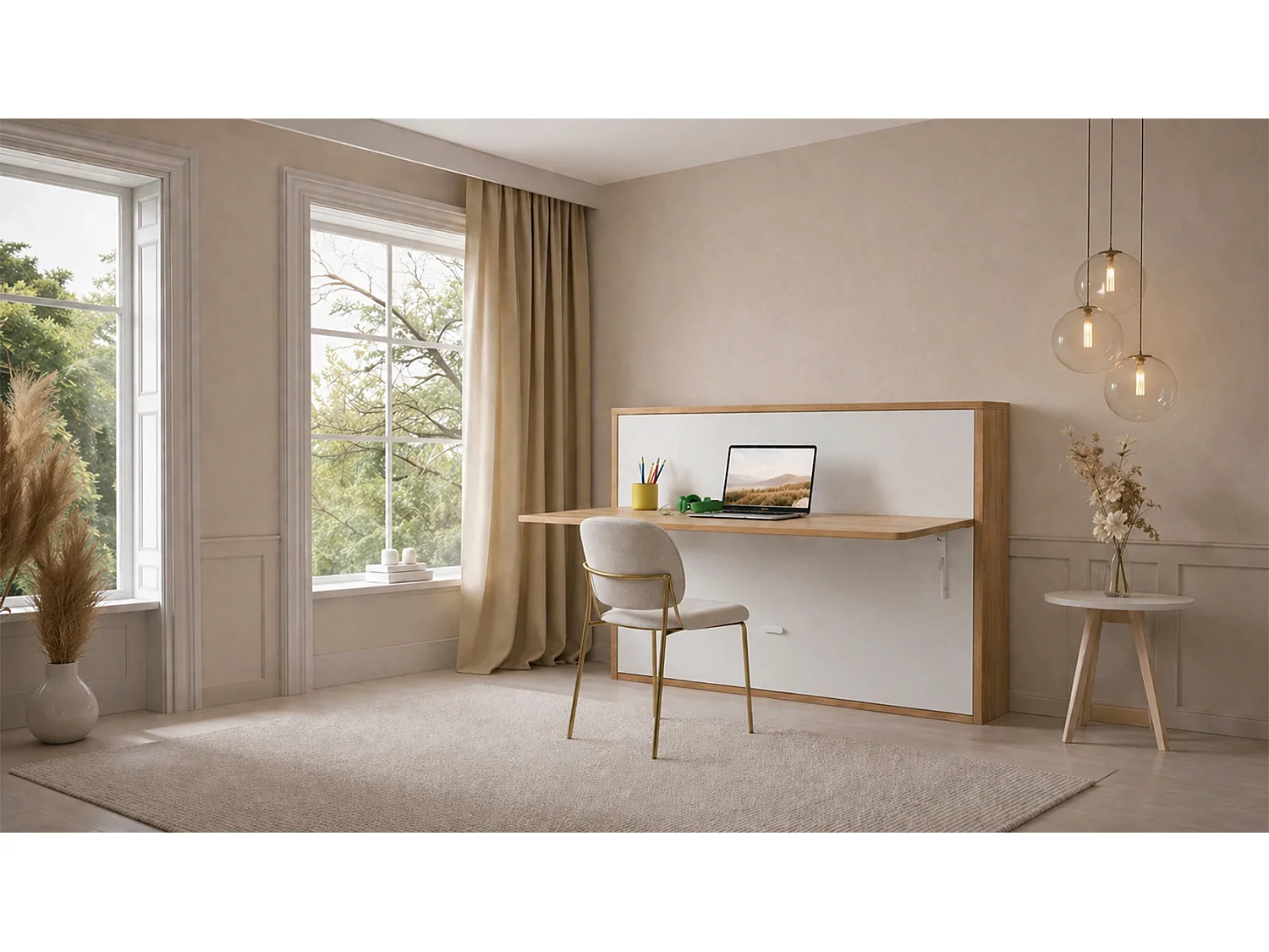 Lit escamotable avec tablette bureau rétractable blanc et chêne clair GIVERNY 90x190