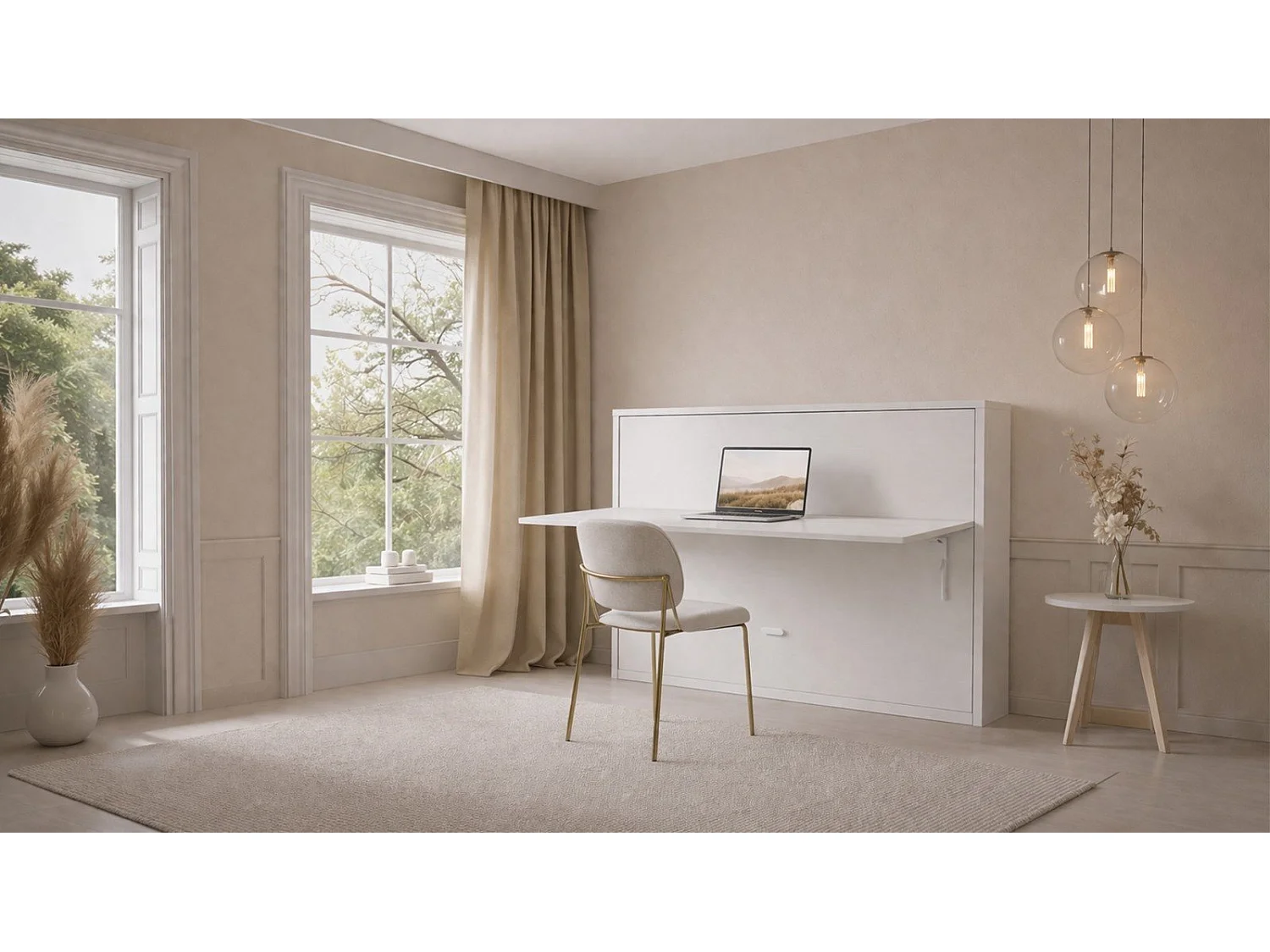 Lit escamotable avec tablette bureau rétractable café au lait Giverny 90x190