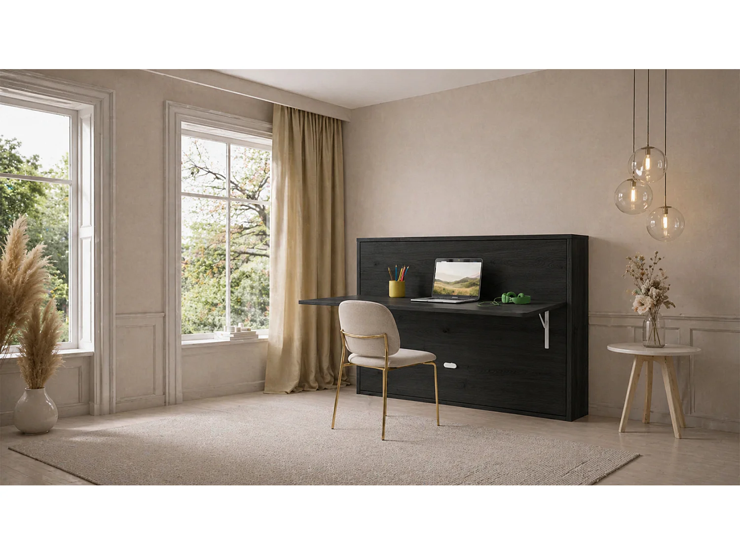 Lit escamotable avec tablette bureau rétractable carbone noir GIVERNY 140x190