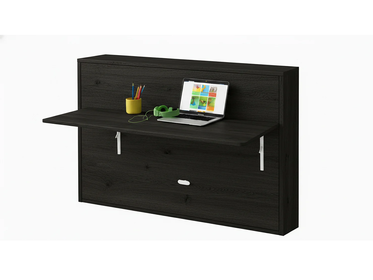 Lit escamotable avec tablette bureau rétractable carbone noir GIVERNY 140x190