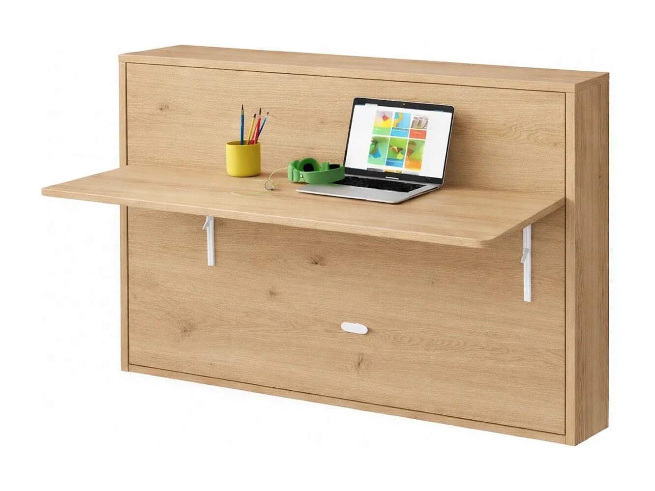 Lit escamotable avec tablette bureau rétractable chêne clair cambrian Giverny 90x200