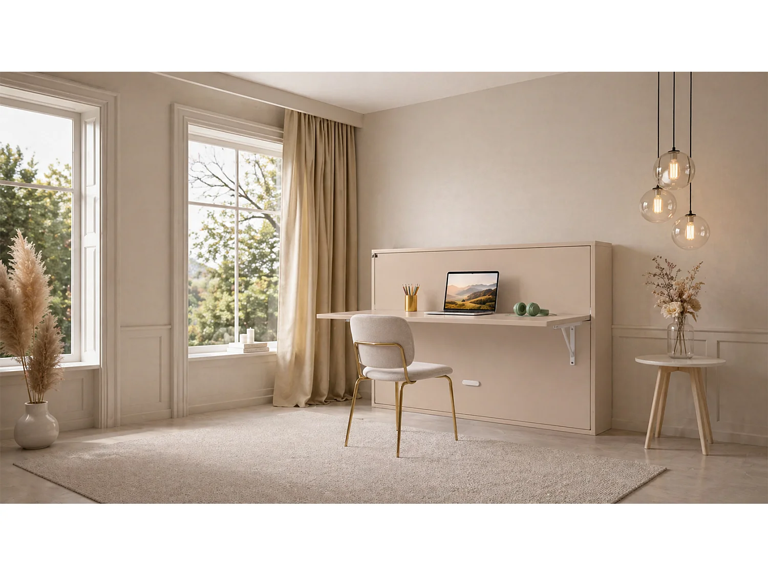 Lit escamotable avec tablette bureau rétractable couleur vanille GIVERNY 140x200