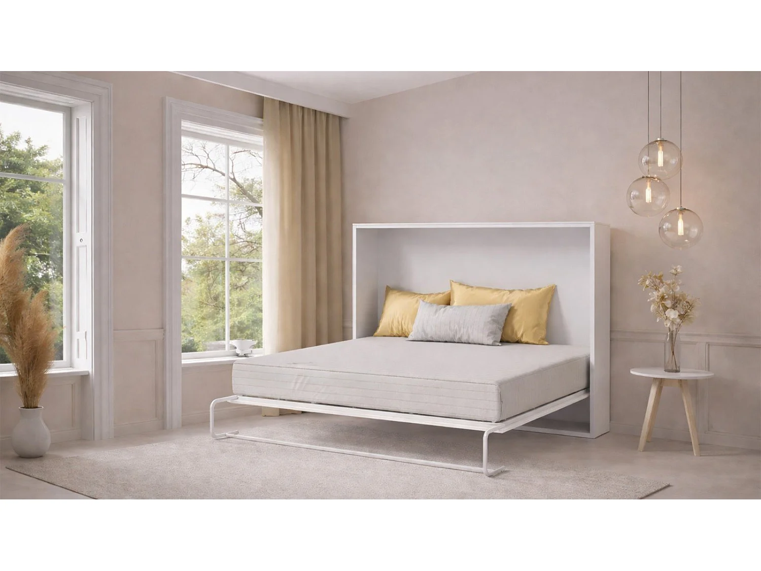 Lit escamotable avec tablette bureau rétractable blanc GIVERNY 140x200