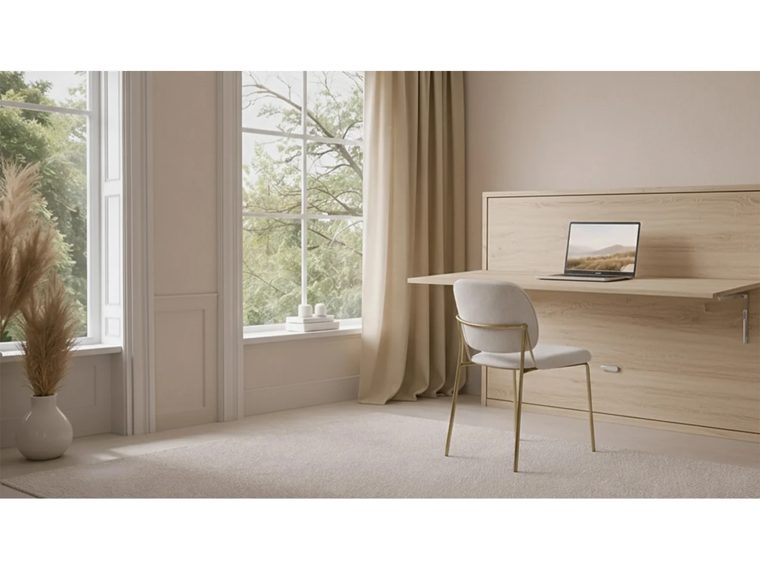 Lit escamotable avec tablette bureau rétractable chêne clair cambrin GIVERNY 140x200