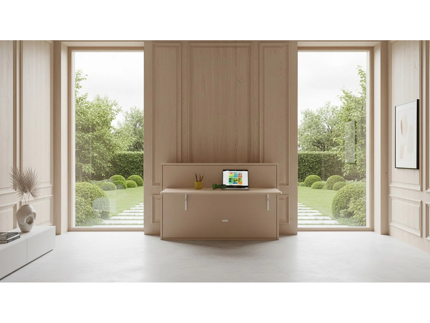 Lit escamotable avec tablette bureau rétractable chêne clair cambrin GIVERNY 140x200