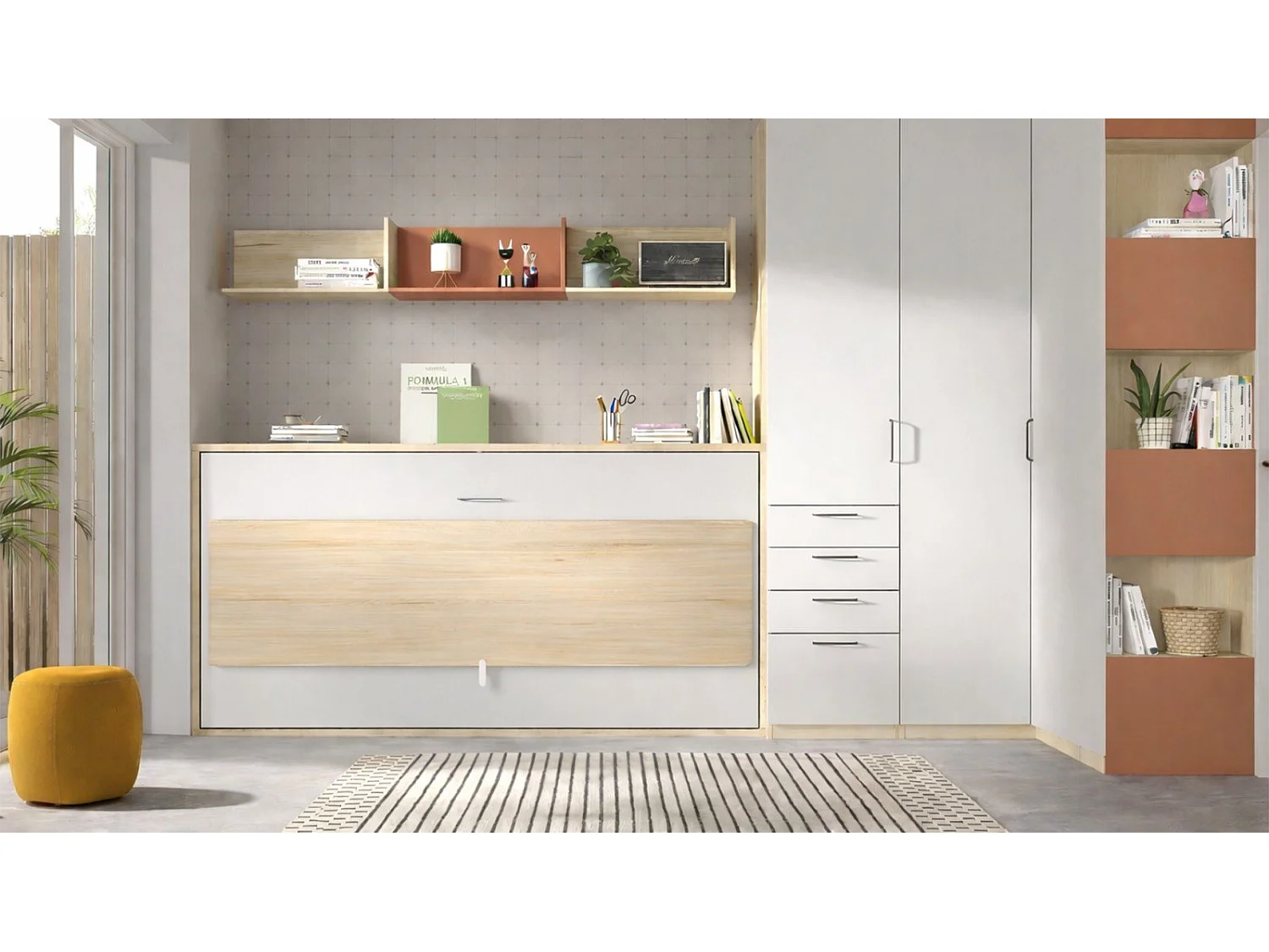 Lit escamotable avec tablette bureau rétractable chêne clair cambrin GIVERNY 140x200