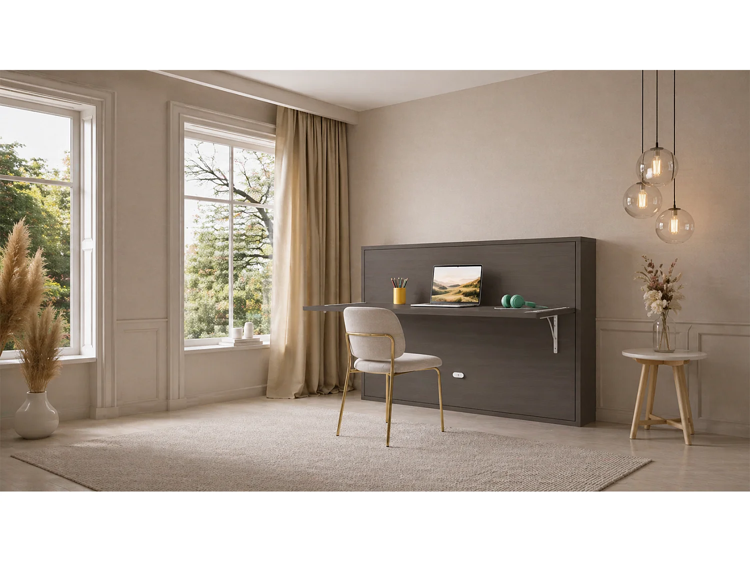 Lit escamotable avec tablette bureau rétractable gris anthracite GIVERNY 160x200
