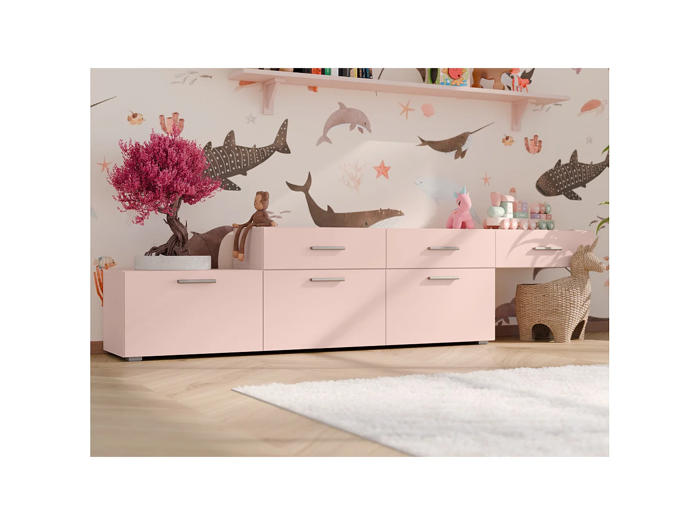 Commode modulable Multi-Smart 180–240 cm, sur pied ou suspendue, tiroirs et étagères, spacieuse et moderne quincaillerie de haute qualité