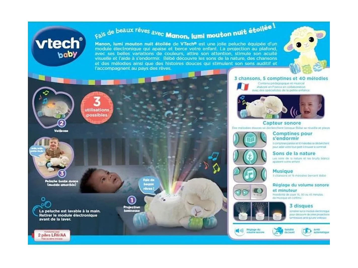 Veilleuse peluche VTech Manon 3-en-1 - Mouton avec projection et sons