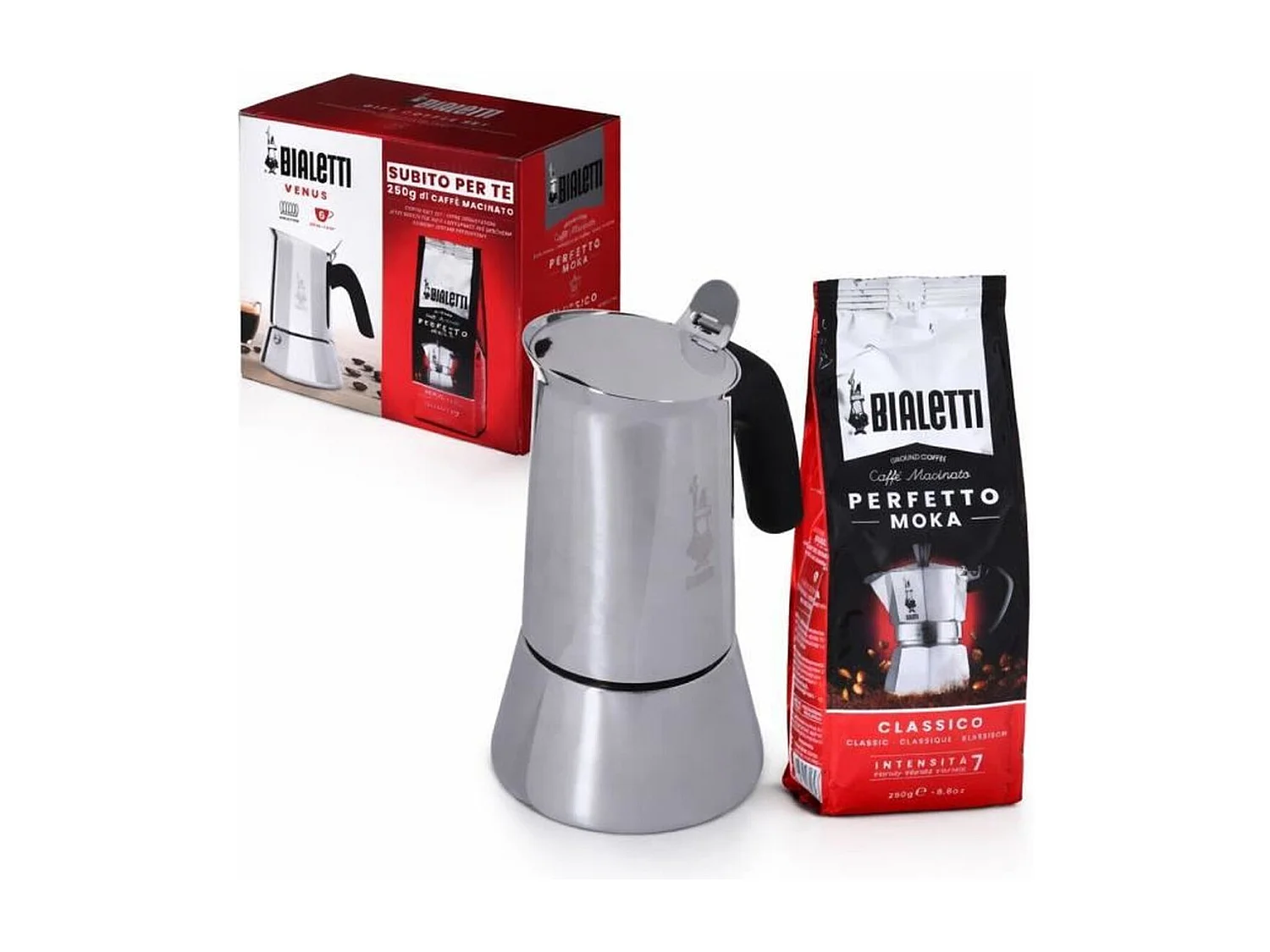 Bialetti Venus Cafetière Italienne 6 Tasses en Inox 18/10 avec 250 g de Café Perfetto Moka Classic