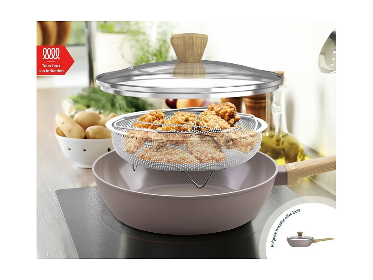 ARTHUR MARTIN AM9910 Sauteuse 24 cm céramique taupe avec couvercle et panier inox