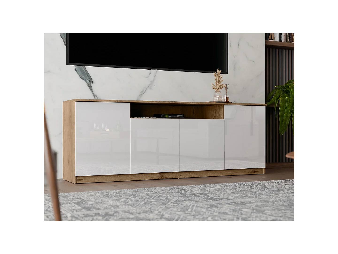 Commode moderne 200 cm avec système push-to-open, grande armoire de rangement pour salon