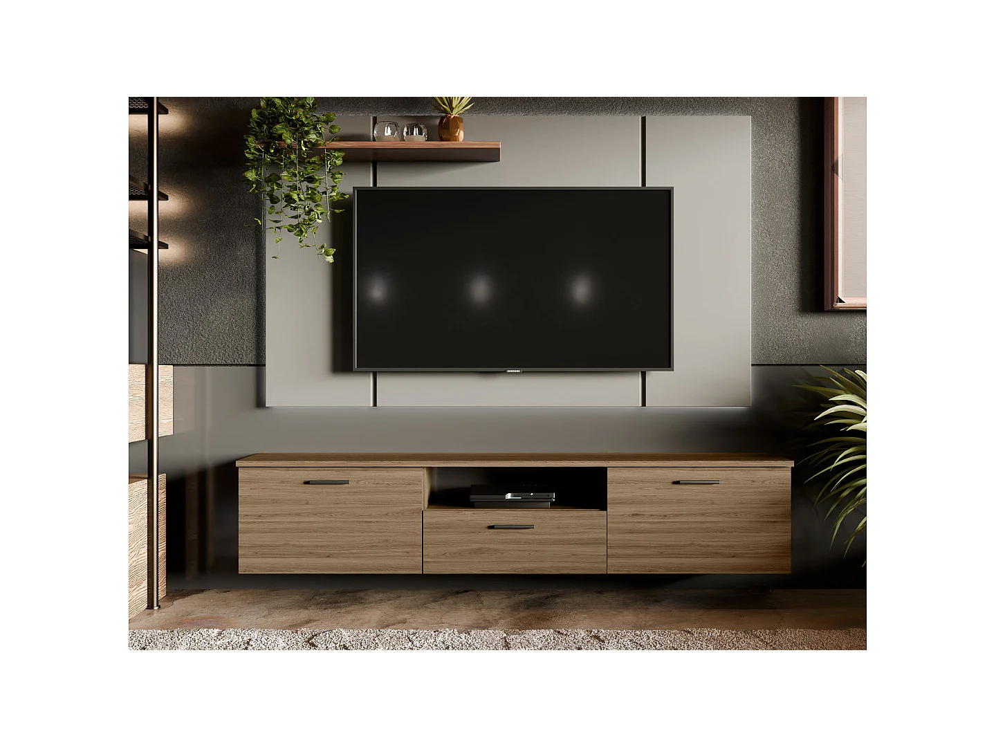 Meuble TV moderne 180 cm, suspendu ou sur pied, avec tiroirs et étagères, spacieux quincaillerie de haute qualité