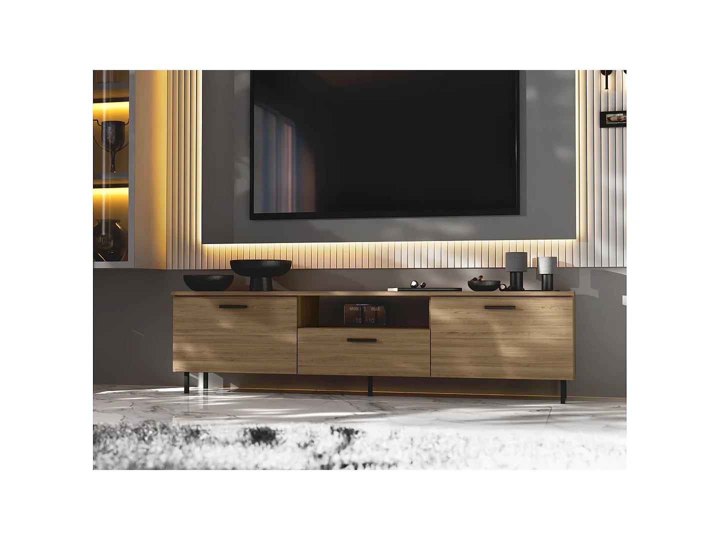 Meuble TV moderne 180 cm, suspendu ou sur pied, avec tiroirs et étagères, spacieux quincaillerie de haute qualité