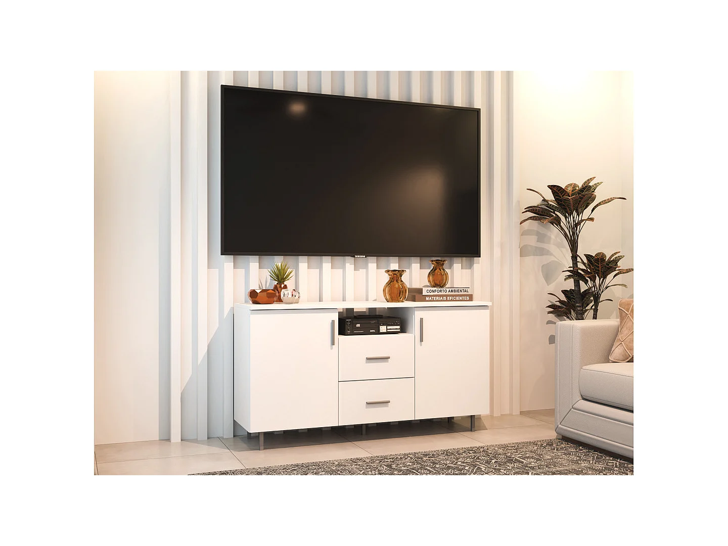 Meuble TV moderne 135 cm avec tiroirs et étagères, spacieux