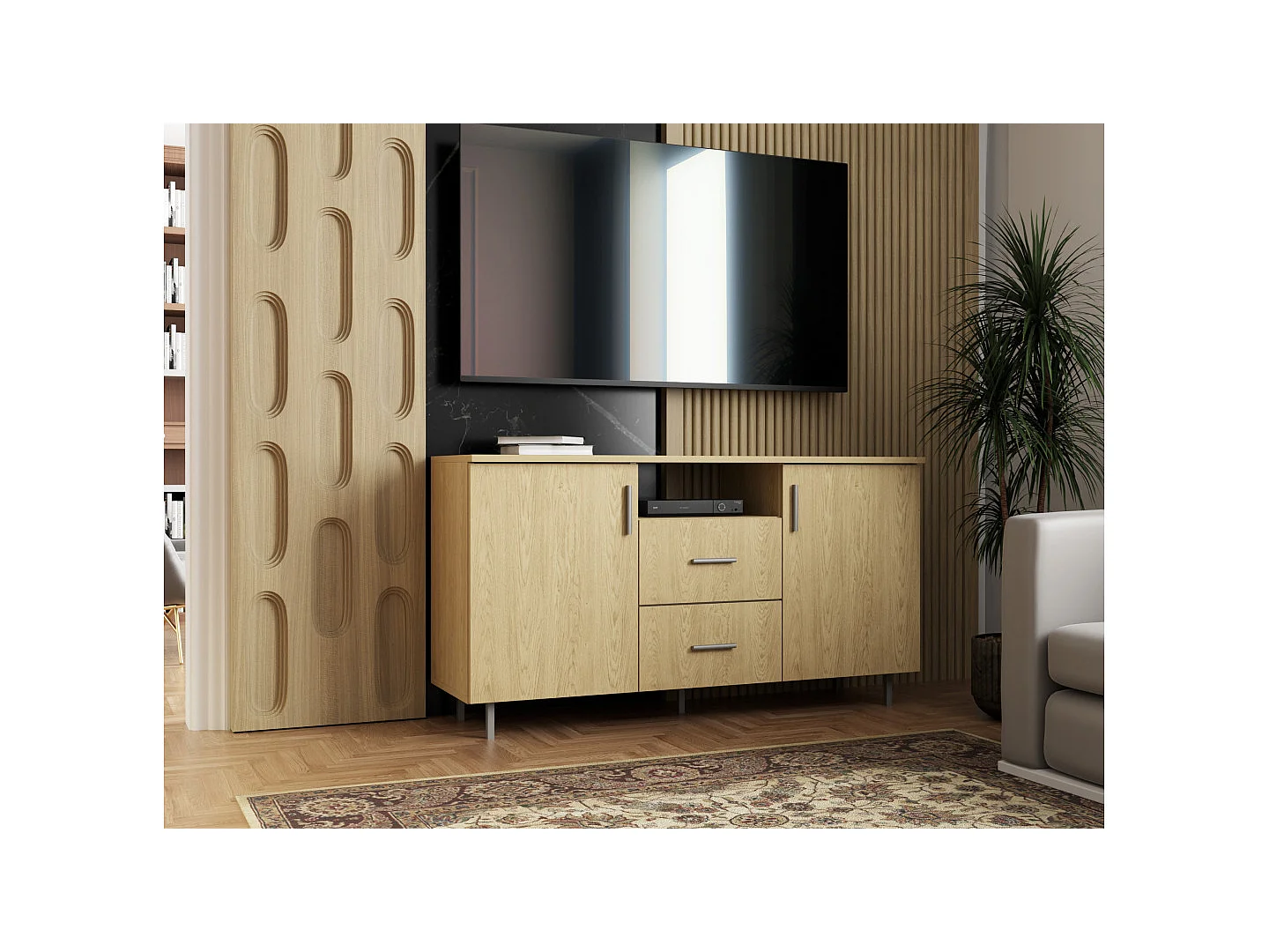 Meuble TV moderne 135 cm avec tiroirs et étagères, spacieux quincaillerie de haute qualité