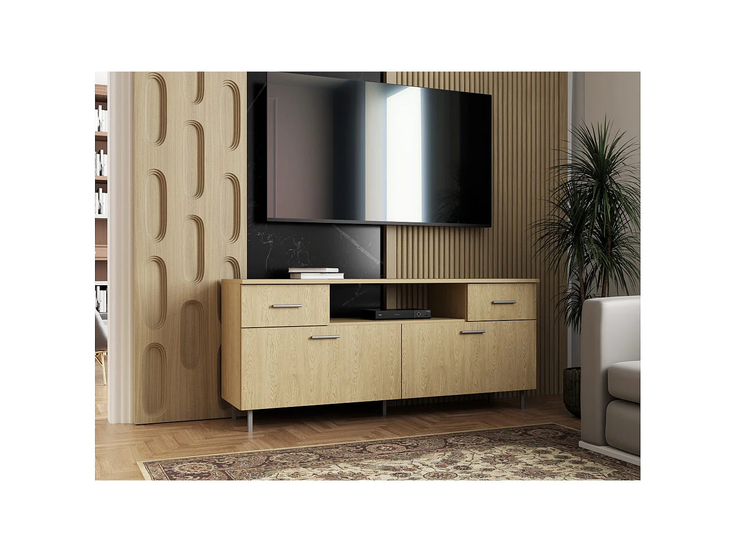 Meuble TV moderne 150 cm avec tiroirs et étagères, spacieux quincaillerie de haute qualité