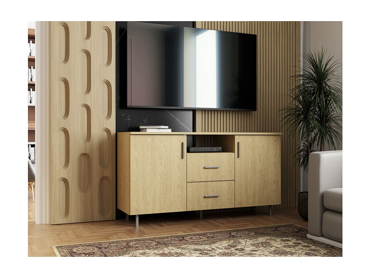 Meuble TV moderne 135 cm avec tiroirs et étagères, spacieux
