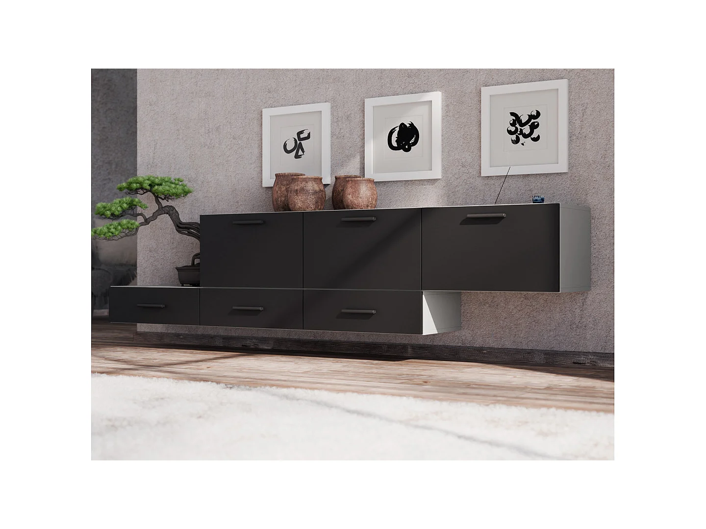 Commode modulable Multi-Smart 180–240 cm, sur pied ou suspendue, tiroirs et étagères, spacieuse et moderne