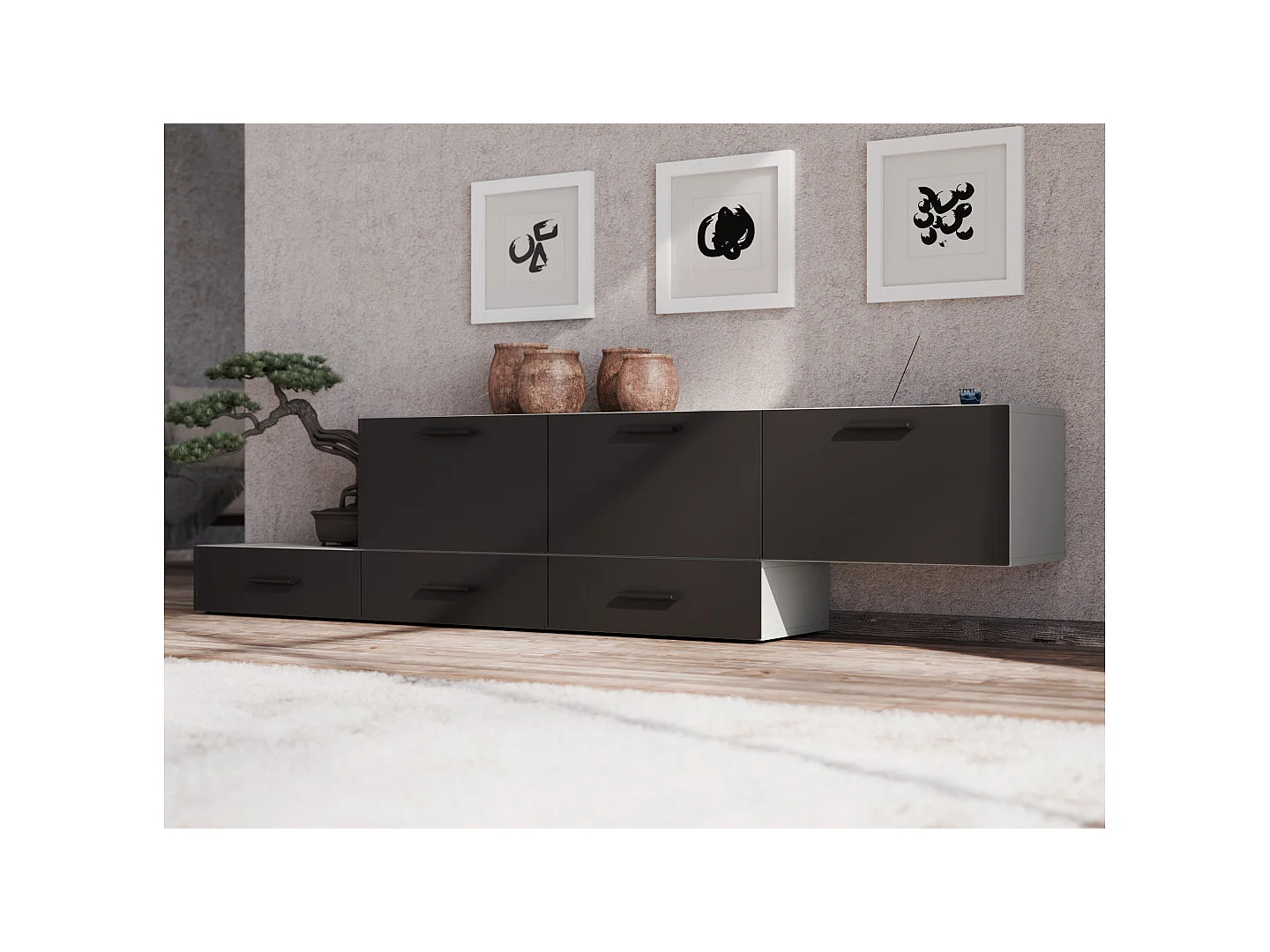 Commode modulable Multi-Smart 180–240 cm, sur pied ou suspendue, tiroirs et étagères, spacieuse et moderne
