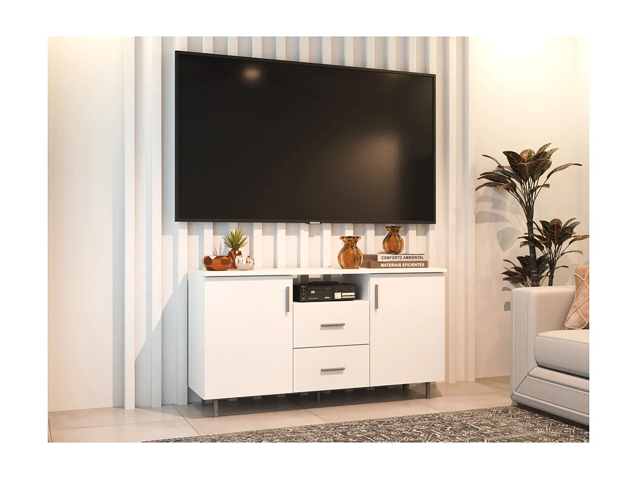 Meuble TV moderne 135 cm avec tiroirs et étagères, spacieux quincaillerie de haute qualité