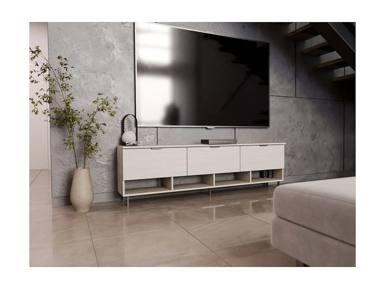 Meuble TV moderne 200 cm, suspendu ou sur pied, avec tiroirs et étagères, spacieux