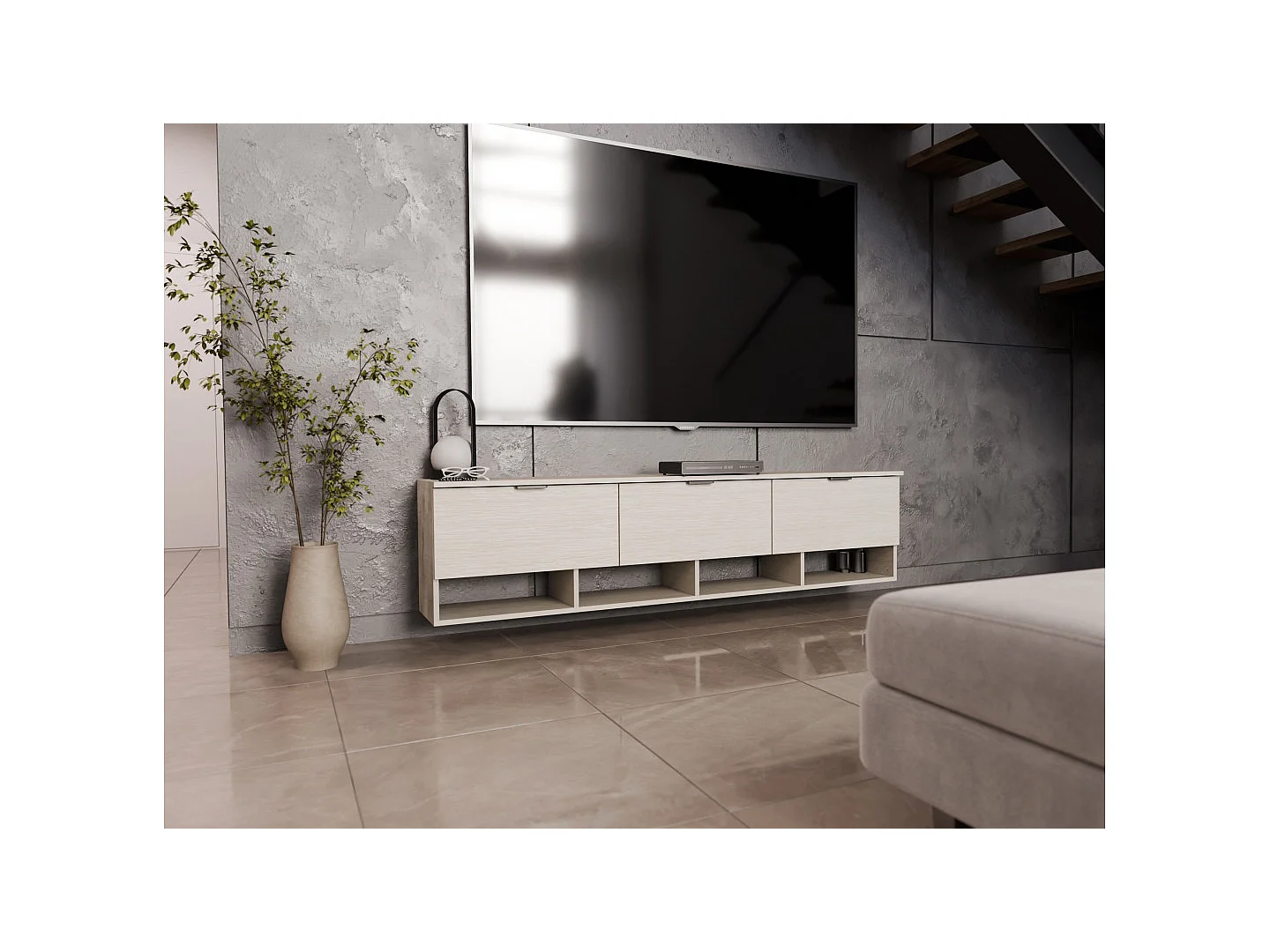 Meuble TV moderne 200 cm, suspendu ou sur pied, avec tiroirs et étagères, spacieux