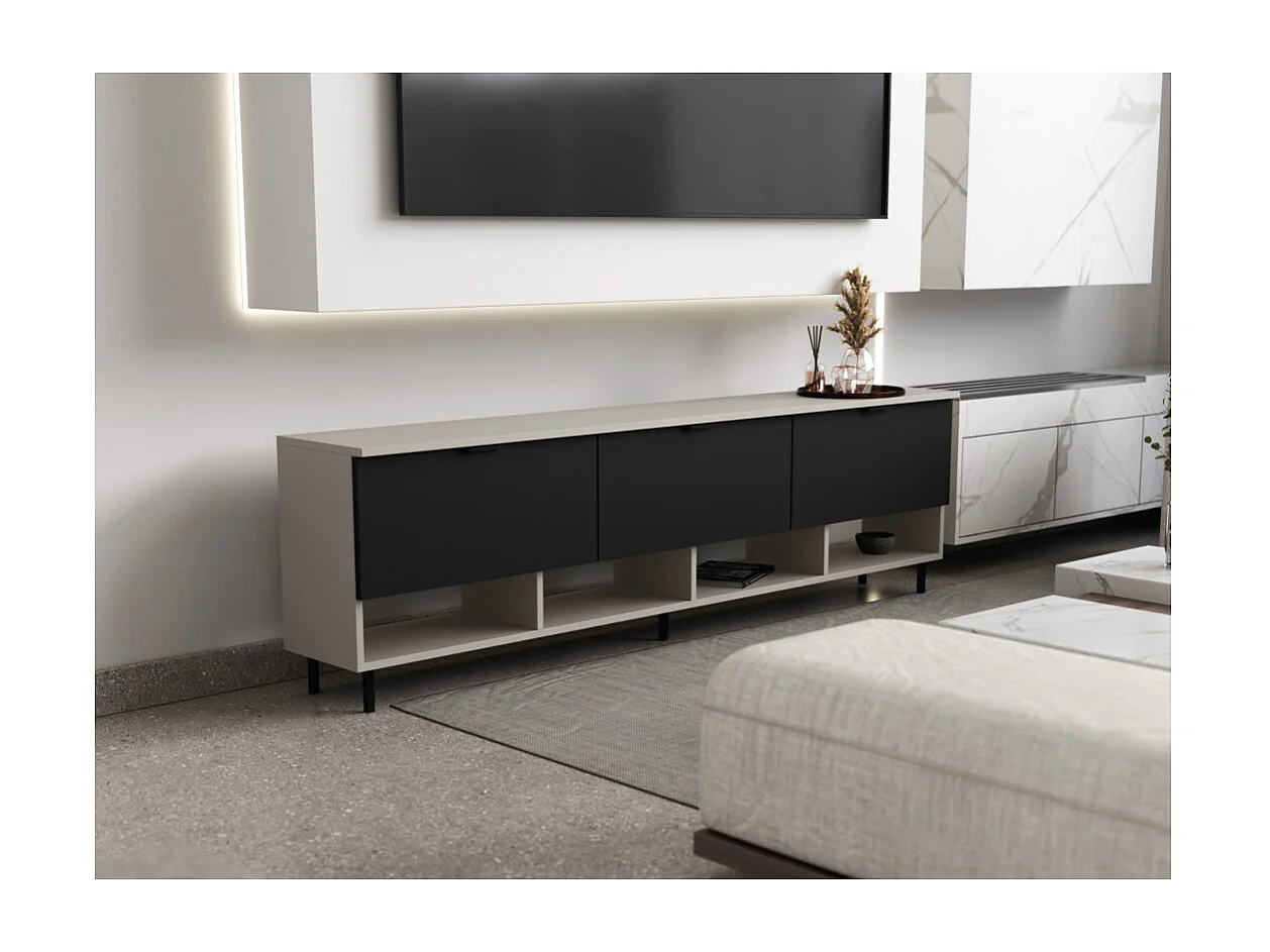Meuble TV moderne 200 cm, suspendu ou sur pied, avec tiroirs et étagères, spacieux