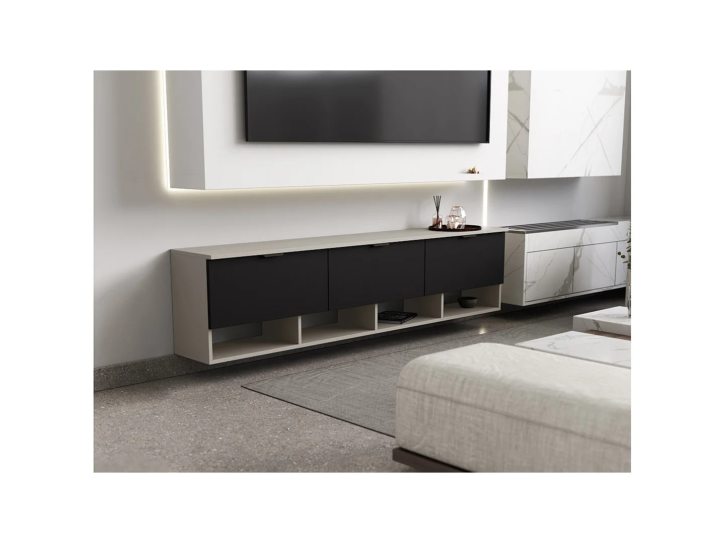 Meuble TV moderne 200 cm, suspendu ou sur pied, avec tiroirs et étagères, spacieux