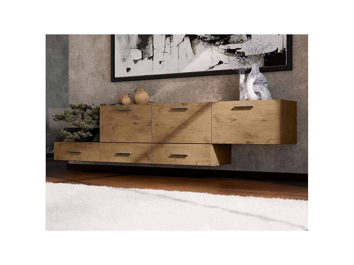 Commode modulable Multi-Smart 180–240 cm, sur pied ou suspendue, tiroirs et étagères, spacieuse et moderne