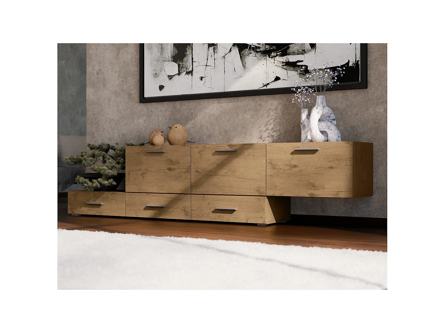Commode modulable Multi-Smart 180–240 cm, sur pied ou suspendue, tiroirs et étagères, spacieuse et moderne