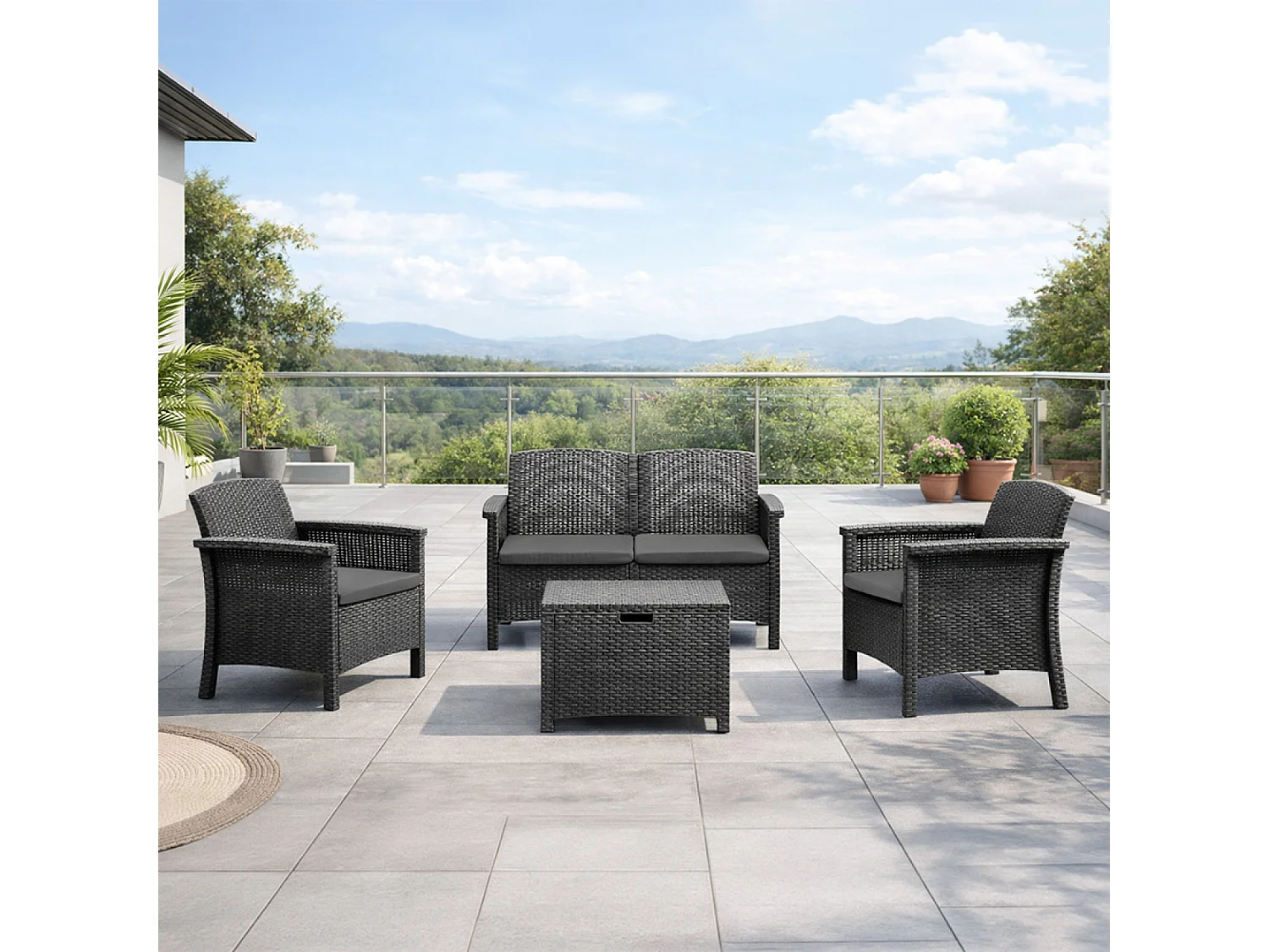 Salon de jardin 4 places effet résine tressée gris anthracite avec table basse MANIZA