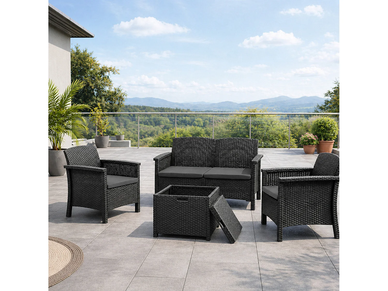 Salon de jardin 4 places effet résine tressée gris anthracite avec table basse MANIZA