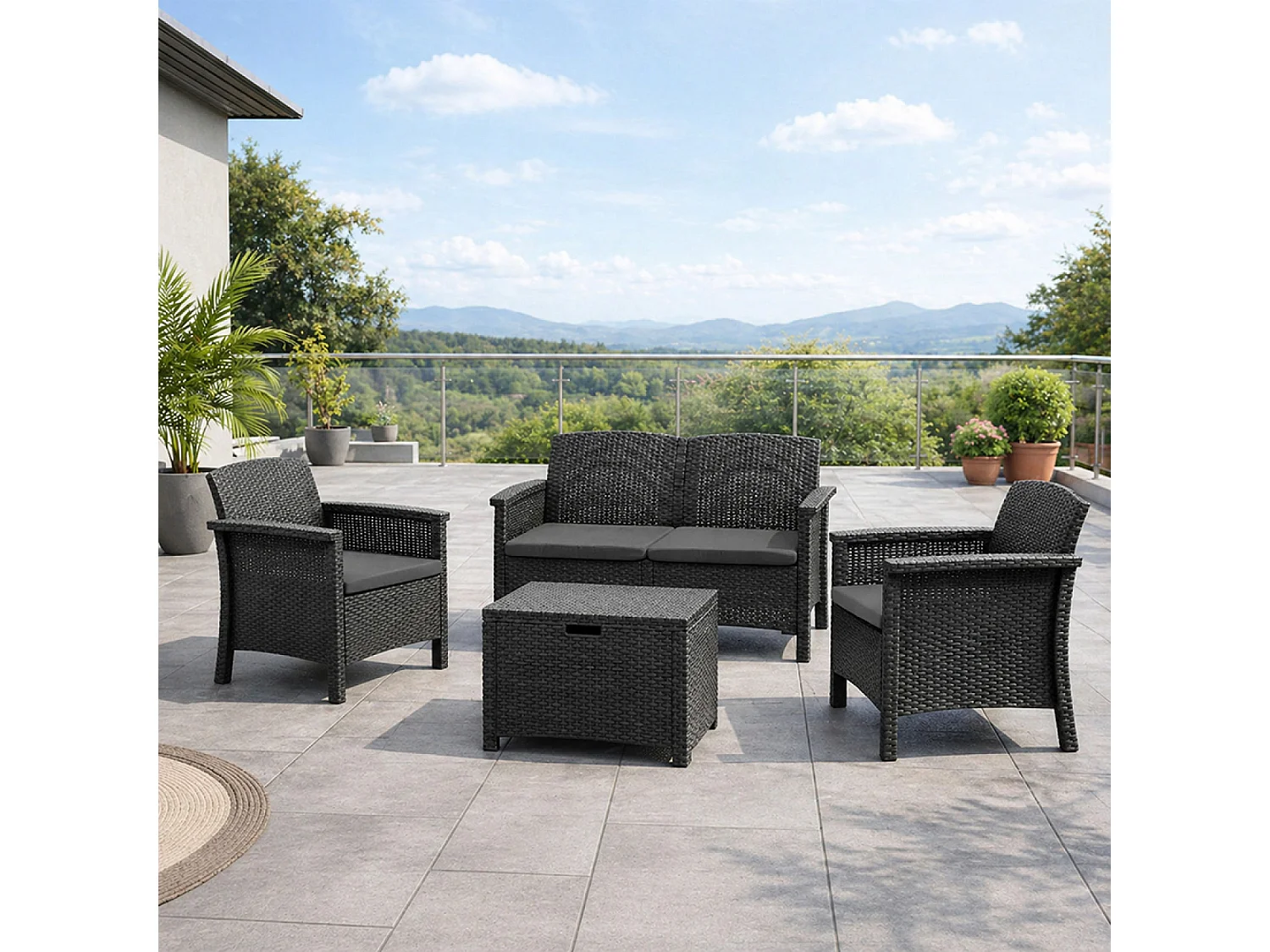 Salon de jardin 4 places effet résine tressée gris anthracite avec table basse MANIZA