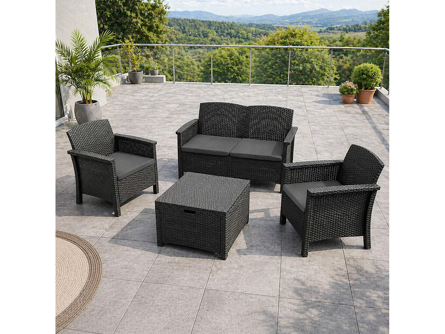 Salon de jardin 4 places effet résine tressée gris anthracite avec table basse MANIZA