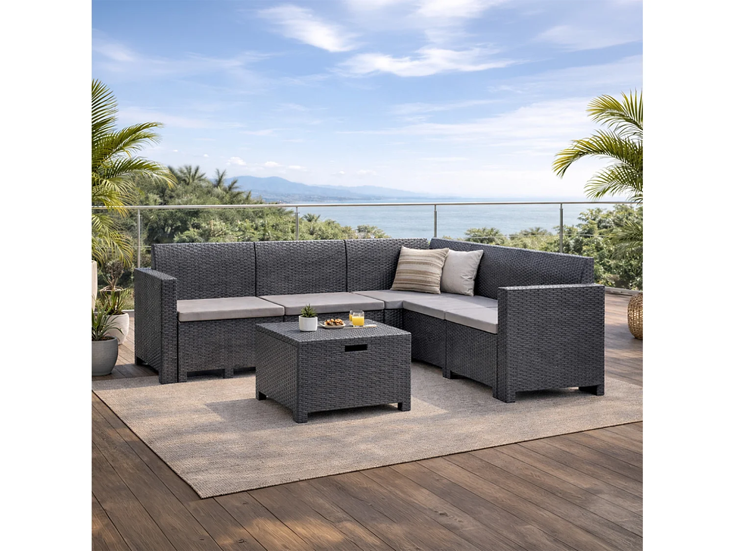 Salon de jardin 4-5 places effet résine tressée gris anthracite avec table basse ISPARTA