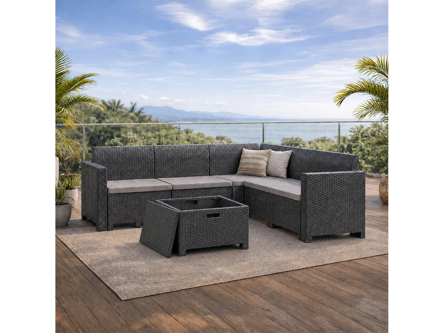 Salon de jardin 4-5 places effet résine tressée gris anthracite avec table basse ISPARTA