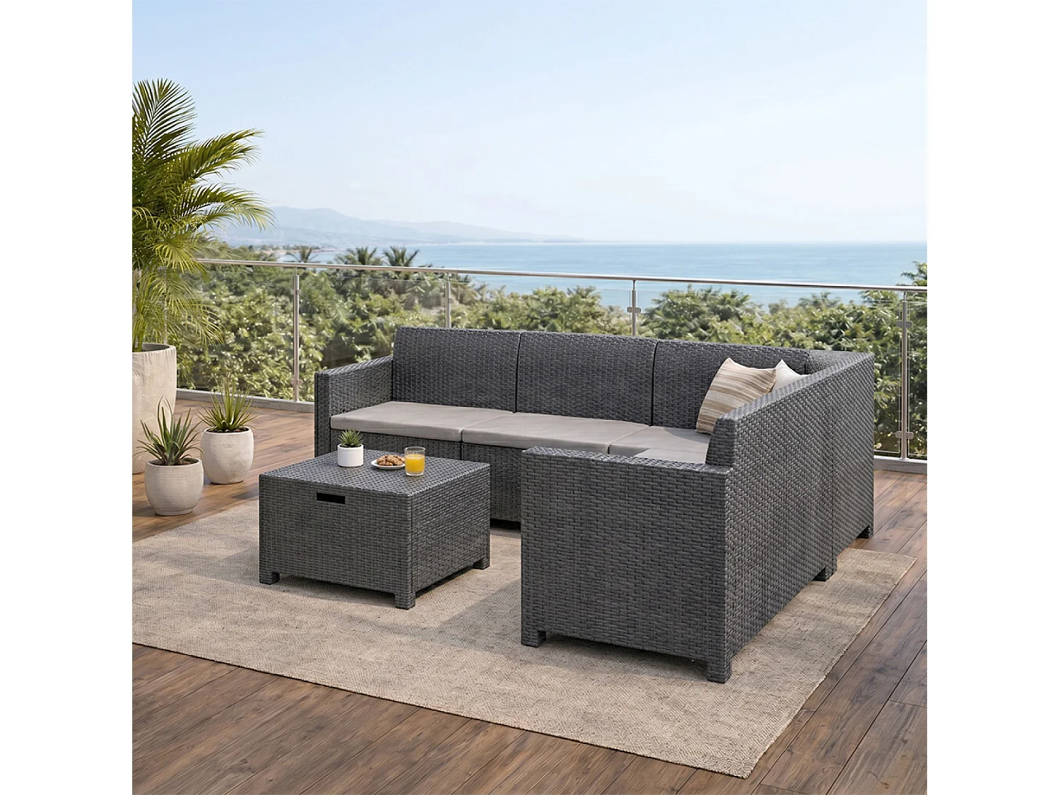 Salon de jardin 4-5 places effet résine tressée gris anthracite avec table basse ISPARTA