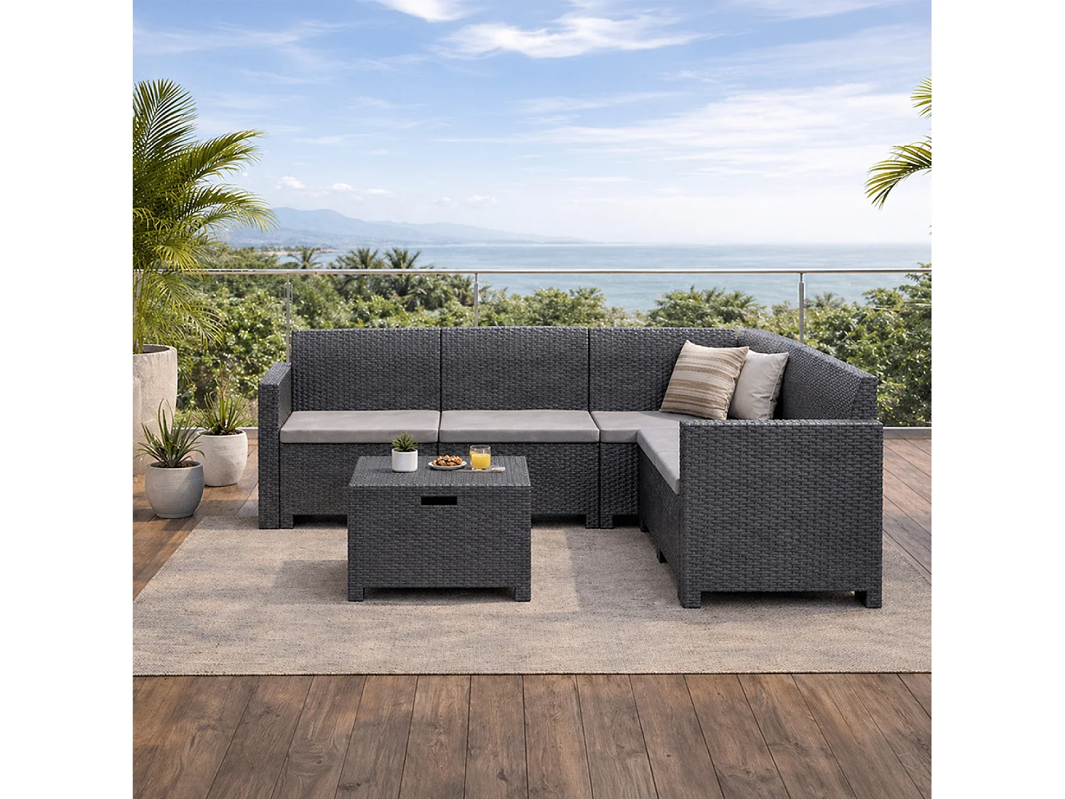 Salon de jardin 4-5 places effet résine tressée gris anthracite avec table basse ISPARTA