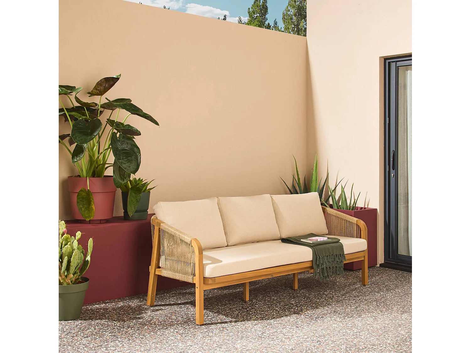 Divano da esterno in legno di acacia e corde, 3 posti, beige